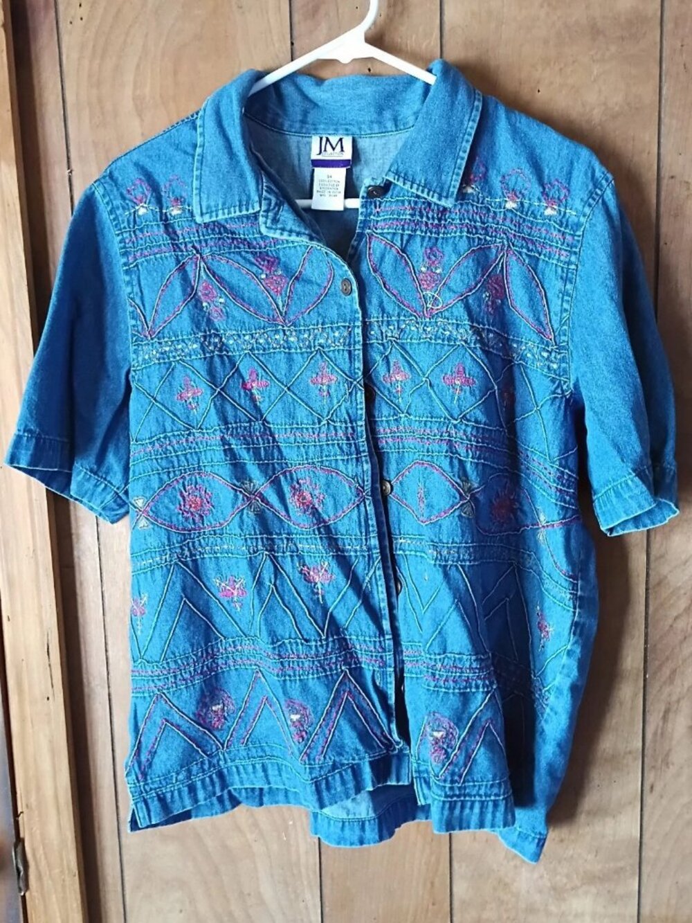 Vintage JM Collection Embroidered Denim Shirt Womens 14 Blue Cotton Button Front